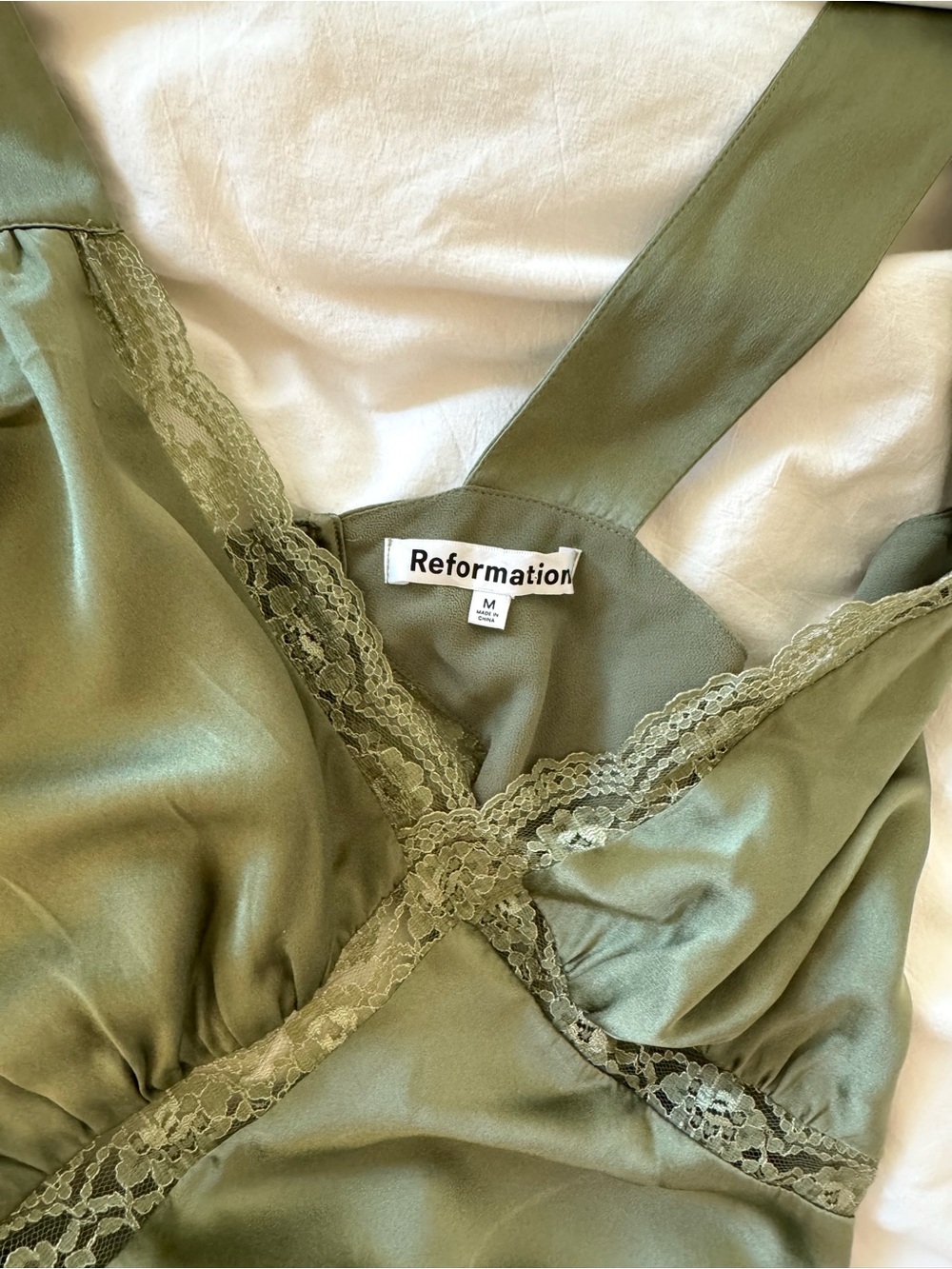 Reformation Olive Satin Lace-Trim Wedding Guest Dress - Picture 10 of 10